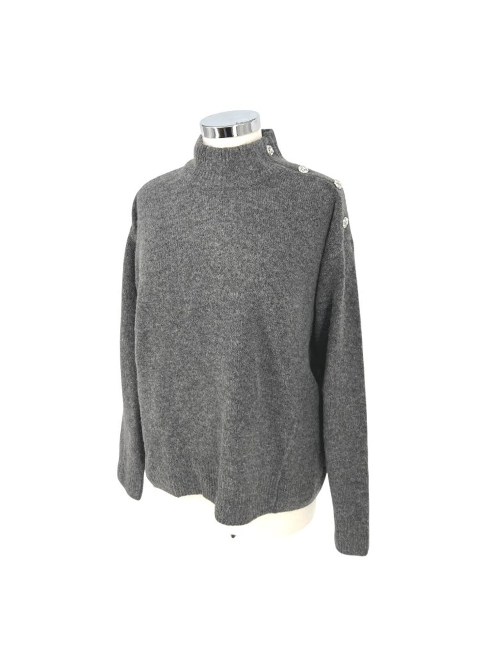 Karl Lagerfeld Rhinestone Shoulder High Neck Sweater Gray Medium Quiet Luxury